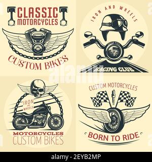 Vier Quadrat Motorrad detaillierte Emblem auf Licht mit Beschreibungen gesetzt Von Custom Bikes geboren zu fahren und Eisen und Räder vektorgrafik Stock Vektor