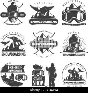 Schwarz isoliert Snowboard-Emblem mit Titeln Ride or die gesetzt Free Ride Wintersport Berg extrem und Board Shop Vektor Abbildung Stock Vektor