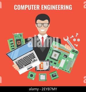 Computer Engineering Flyer mit Mann in einem Anzug mit Laptop Und Werkzeuge für Reparatur Vektor Illustration Stock Vektor