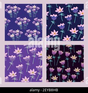 Set von 4 nahtlose Muster mit pasque, pulsatilla Blumen für Stoff, Scrapbooking und Zubehör. Stock Vektor