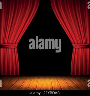 Moderne Komposition mit rotem Vorhang Licht und Schatten in der Mitte der Vorhänge und Holzboden Vektorgrafik Stock Vektor