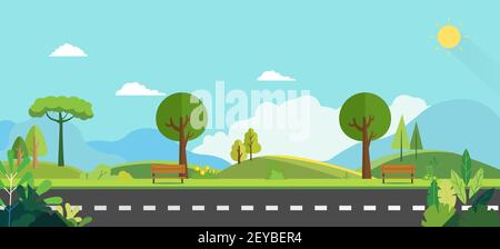 Öffentlicher Park mit Bank und Naturhintergrund.schöne Naturszene.Frühlingslandschaft Mit ländlicher Straße.Sonniger Tag mit grünem Garten Stock Vektor