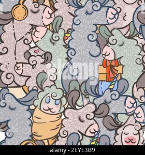Nahtloses Muster mit niedlichen, lockigen Lamas und Alpakas. Vektor-Illustration für Malvorlagen, Kinder und Erwachsene Drucke Stock Vektor