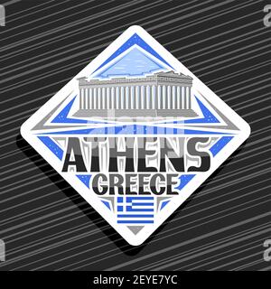 Vektor-Logo für Athen, weißes Rhombus-Straßenschild mit Abbildung des parthenon-Tempels in Akropolis am Tageshimmel Hintergrund, dekorativer Kühlschrankmagnet mit Stock Vektor