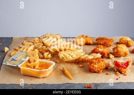 Schnell praktisches Fast Food-Bild mit Nahaufnahme selektiver Fokus auf gebissene frittierte Hähnchennuggets und Pommes frites, die in Saucen auf Backpapier getaucht wurden. Ruf Stockfoto