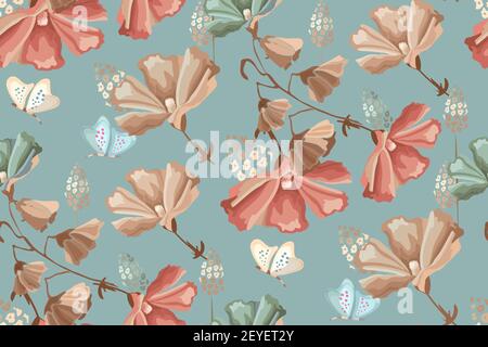 Vektor florale Nahtloses Muster. Rote, beige, blaue Blüten und Schmetterlinge. Stock Vektor