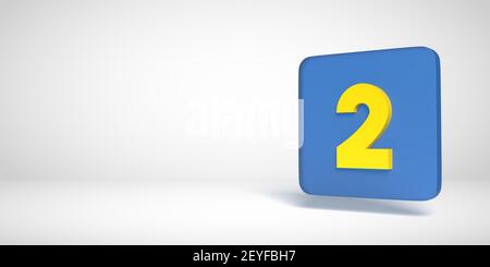 3D Render Numbers Collection: Gelbe Nr. 2, zwei, in blauer flacher Box. Quadratische Form auf weißem Hintergrund. Fließender Schlagschatten und großer Kopierbereich. Stockfoto