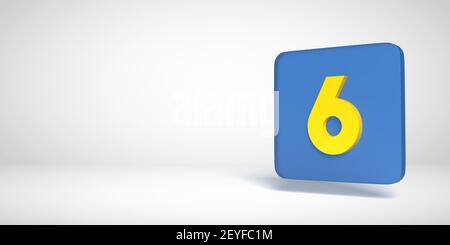 3D Render Numbers Collection: Gelbe Nr. 6, sechs, in blauer flacher Box. Quadratische Form auf weißem Hintergrund. Fließender Schlagschatten und großer Kopierbereich. Stockfoto