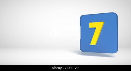 3D Render Numbers Collection: Gelbe Nr. 7, sieben, in blauer flacher Box. Quadratische Form auf weißem Hintergrund. Fließender Schlagschatten und großer Kopierbereich. Stockfoto