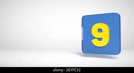 3D Render Numbers Collection: Gelbe Nr. 9, neun, in blauer flacher Box. Quadratische Form auf weißem Hintergrund. Fließender Schlagschatten und großer Kopierbereich. Stockfoto