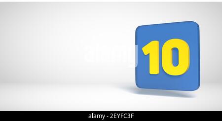3D Render Numbers Collection: Gelbe Nr. 10, zehn, in blauer flacher Box. Quadratische Form auf weißem Hintergrund. Fließender Schlagschatten und großer Kopierbereich. Stockfoto
