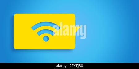 3D gerendertes WiFi-Symbol in Chat-Blase Konzept: Isolierte gelbe Blase auf blauem Hintergrund mit Kopierraum. Kostenloses Internetsymbol. Wireless-Zone. Stockfoto