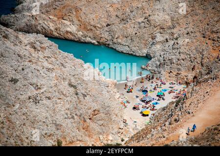 Seitan limania oder Agiou Stefanou, der himmlische Strand mit türkisfarbenem Wasser. Chania, Akrotiri, Kreta, Griechenland am 24. August 2020 Stockfoto