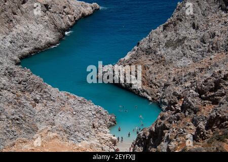 Seitan limania oder Agiou Stefanou, der himmlische Strand mit türkisfarbenem Wasser. Chania, Akrotiri, Kreta, Griechenland am 24. August 2020 Stockfoto