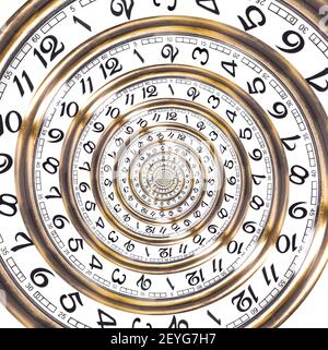 Verdrehtes Zifferblatt einer antiken Bronze-Uhr, die das Infinity-Konzept darstellt. Stockfoto