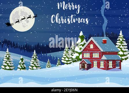 Der Weihnachtsmann fliegt im Schnee über das Haus. Stock Vektor
