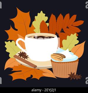 Konzeptdarstellung - Kaffee wärmt uns im Herbst. Die Jahreszeit ist der Herbst. Helle Blätter - orange, gelb, rot, appetitlich Muffin und duftend. Stock Vektor