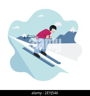 Banner des Wintersports - Bergski, ein Mann auf Skiern stürzt die Piste hinunter. Mann auf dem Hintergrund von Silhouetten von Bergen. Vektorgrafiken Stock Vektor