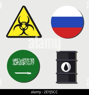 Coronavirus, Ölkrise, Russland vs Saudi-Arabien-Set von flachen Ikonen. Die globale Krise von 2020- der Rückgang des Preises pro Barrel unter dem Einfluss von Stock Vektor