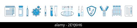 Set von Symbolen COVID-19 Impfung, Kalender, Impfampullen, Spritze, Coronavirus, Kalender, Schild, Test, Blutteströhrchen, Thermometer und Antib Stock Vektor