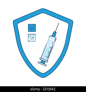 Konzept COVID-19 Impfung, eine Ampulle Impfstoff und eine Spritze, ein medizinisches Poster in Blautönen. Vektor-Illustration im Stil eines flachen ico Stock Vektor