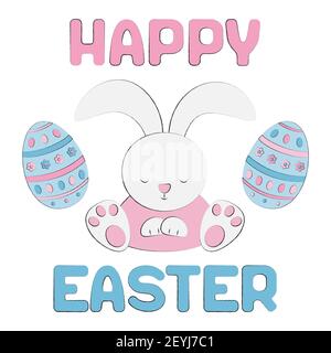 Frohe Ostern niedlichen Kaninchen und Ostereier isoliert auf weißem Hintergrund. Postkarte oder Banner in zarten Farben-rosa, blau, gelb. Quadratisches Format, Vektor Stock Vektor