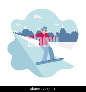 Banner des Wintersports - Bergski, ein Mann auf Skiern stürzt die Piste hinunter. Mann auf dem Hintergrund von Silhouetten von Bergen. Vektorgrafiken Stock Vektor