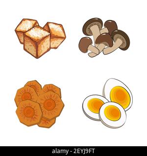 Traditionelle japanische oder koreanische Küche - Tofu, Pilze, Eier, Karotten. Set von Zutaten für traditionelle orientalische Ramen Nudelsuppen. Vektorgrafiken Stock Vektor