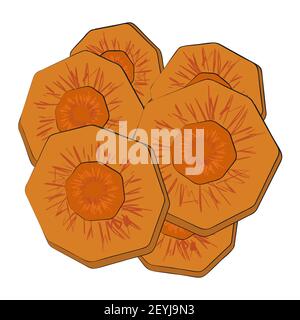 Karotte in Kreise oder Scheiben schneiden. Saftiges rohes Gemüse für einen gesunden Lebensstil. Zutat für orientalische Ramen-Suppe. Vektorgrafik in handgezeichneter Form Stock Vektor