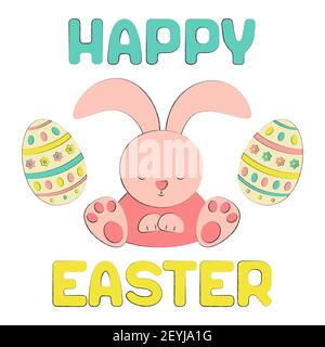 Frohe Ostern niedlichen Kaninchen und Ostereier isoliert auf weißem Hintergrund. Postkarte oder Banner in zarten Farben-rosa, blau, gelb. Quadratisches Format, Vektor Stock Vektor
