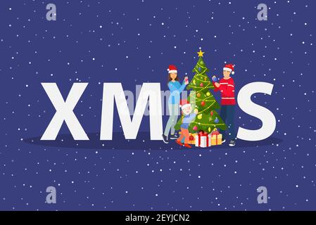 Glückliche Familie mit Kindern, die einen weihnachtsbaum dekorieren Stock Vektor