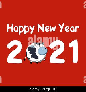 Happy New Year 2021 Vektor-Hintergrund mit weißen Figuren und Symbol des Jahres Bull, Ox oder Kuh. Vision quadratische Illustration ist geeignet für ein Banner, Stock Vektor