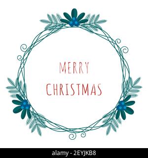 Frohe Weihnachten Grußkarte mit Winterpflanzen Rahmen im modernen flachen Stil. Stock Vektor-Illustrationen mit botanischen Symbolen des Urlaubs - Kiefer, Stock Vektor
