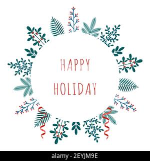 Frohe Weihnachten Grußkarte mit Winterpflanzen Rahmen im modernen flachen Stil. Stock Vektor-Illustrationen mit botanischen Symbolen des Urlaubs - Kiefer, Stock Vektor