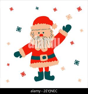 Weihnachten traditionelle lustige Comic-Figur Santa Claus begrüßt mit erhobener Hand auf einem weißen Hintergrund mit Schneeflocken. Vektorgrafik, in sca Stock Vektor