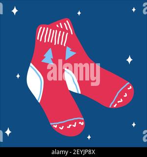 Weihnachten traditionelle warme rote Socken im skandinavischen Doodle-Stil auf einem klassischen blauen Hintergrund. Vektorgrafik, ein einfaches helles Objekt, quadratisch Stock Vektor
