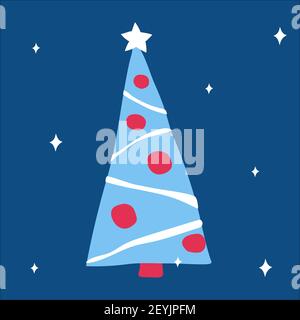 Wunderschön dekorierter Weihnachtsbaum mit Girlanden und Kugeln auf einem klassischen blauen Hintergrund mit Schneeflocken. Vektor-Illustration, in skandinavischen Doodle s Stock Vektor