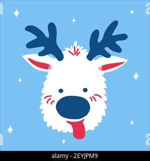 Süßes Weihnachtswild mit seiner Zunge, die auf einem blauen Hintergrund mit Schneeflocken im skandinavischen Doodle-Stil hängt. Vektorgrafik, ein einfaches bri Stock Vektor