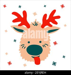 Lustige Weihnachtshirsche mit seiner Zunge, die auf einem weißen Hintergrund mit Schneeflocken im skandinavischen handgezeichneten Stil hängt. Vektorgrafik, hell o Stock Vektor