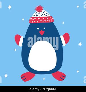 Weihnachten niedlichen Pinguin in einem gestrickten Hut und Fäustlinge auf blauem Hintergrund mit Schneeflocken in skandinavischen handgezeichneten Stil. Vektorgrafik, Suitab Stock Vektor