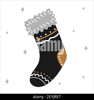 Weihnachts-Stiefel für Geschenke in skandinavischen handgezeichneten Stil in Gold, Silber, schwarz Farben. Vektorgrafik, ein einfaches Objekt, quadratisch fo Stock Vektor