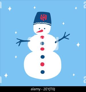 Weihnachten traditioneller Schneemann in einem schönen Hut auf blauem Hintergrund mit Schneeflocken im skandinavischen Doodle-Stil. Vektorgrafik, einfaches Objekt Stock Vektor