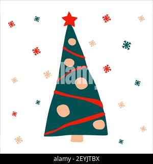 Wunderschön dekorierter Weihnachtsbaum mit Girlanden und Kugeln auf weißem Hintergrund mit Schneeflocken. Vektor-Illustration, in skandinavischen handgezeichneten Stil Stock Vektor