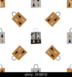 Nahtloses Weihnachtsmuster aus sich wiederholenden Feiertagselementen - Geschenkpapiertaschen mit Tannenbäumen auf weißem Hintergrund. Vektorgrafik auf skandinavisch. Stock Vektor