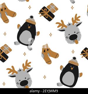 Nahtlose Vektor-Muster Neujahr und Weihnachten im Stil der skandinavischen einfachen Handzeichnung - Gold, Silber, Schwarz. Ornament mit Pinguin, Socken Stock Vektor