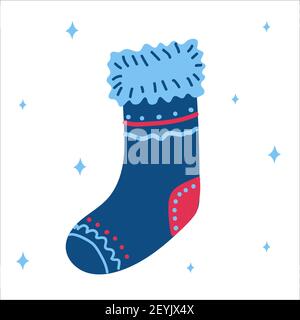 Weihnachten traditioneller klassischer blauer Stiefel für Geschenke im skandinavischen handgezeichneten Stil. Vektorgrafik, ein einfaches helles Objekt, quadratisches Format Stock Vektor