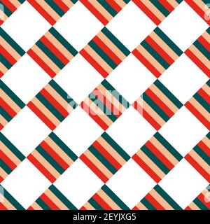 Nahtloses weihnachtliches Muster aus gestreiften Quadraten, diagonal versetzt auf weißem Hintergrund. Vektor-Illustration leuchtend grün, rotes Ornament für den Druck Stock Vektor