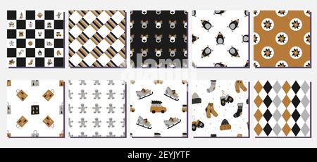 Set von 10 nahtlose Merry Christmas Vektor-Muster - enthält lustige Hintergründe mit niedlichen Urlaub Zeichen, Symbole des Winters und Neujahr, floral Stock Vektor