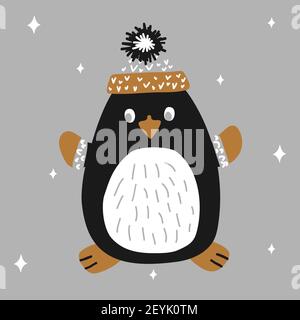 Weihnachtliche niedliche Pinguin in einem gestrickten Hut und Fäustlinge auf weißem Hintergrund mit Schneeflocken im skandinavischen handgezeichneten Stil. Vektorgrafik Stock Vektor