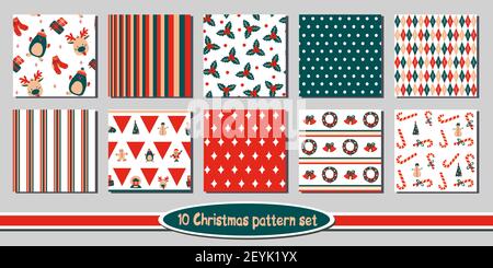Set von 10 nahtlose Weihnachten Vektor-Muster - enthält lustige helle Hintergründe mit niedlichen Urlaub Zeichen, Symbole des Winters und Neujahr, floral. Stock Vektor